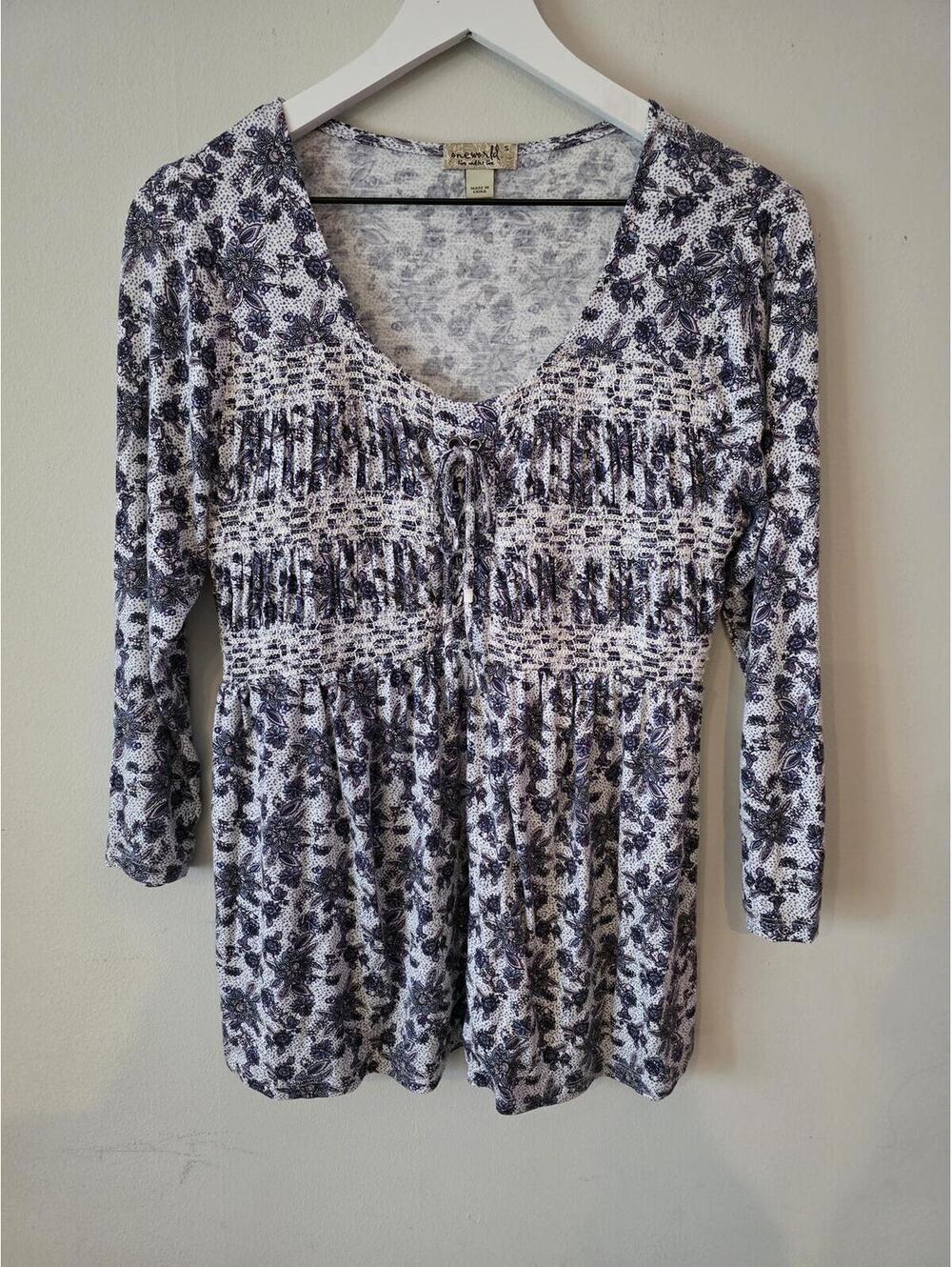 One World Women’s Blue Floral 3/4 Sleeve Smocked Empire Waist Top - Size Small